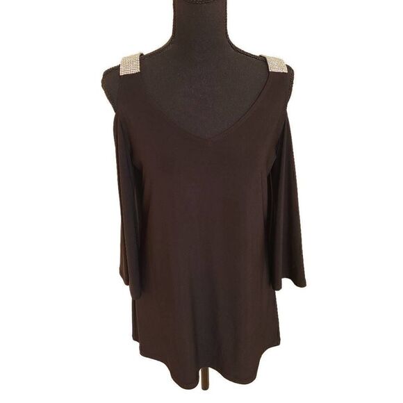 S Levine Womens Cold Shoulder Rhinestone Black Dressy Top Medium - Picture 3 of 11
